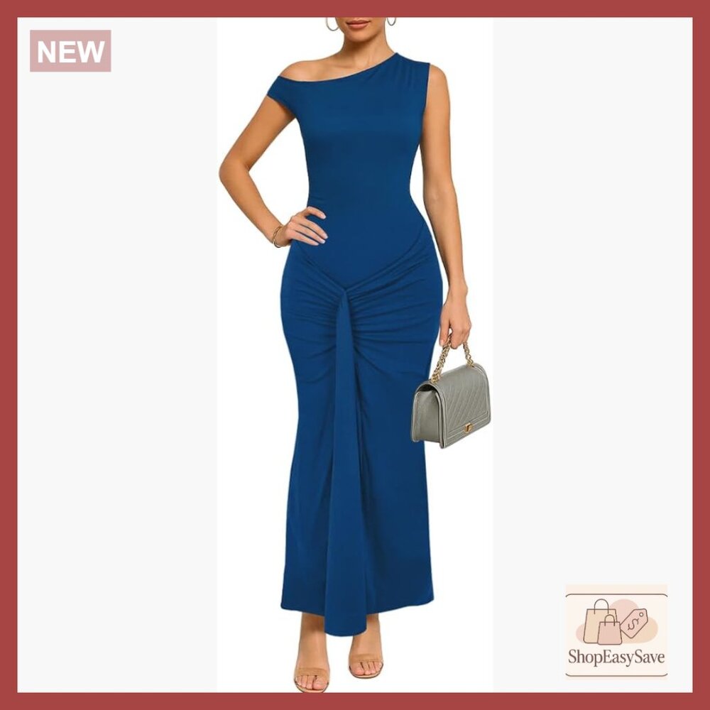 Ruched Bodycon Maxi Dress Sleeveless Boat Neck Elegant Cocktail Party Wear